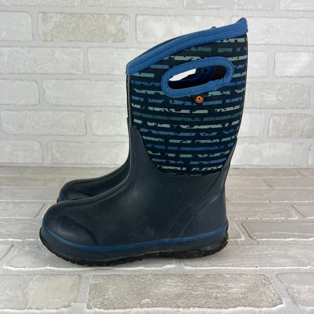 Bogs Rain Boots Youth 2 Blue Classic Stripe Waterproof Insulated Mid Calf Winter
